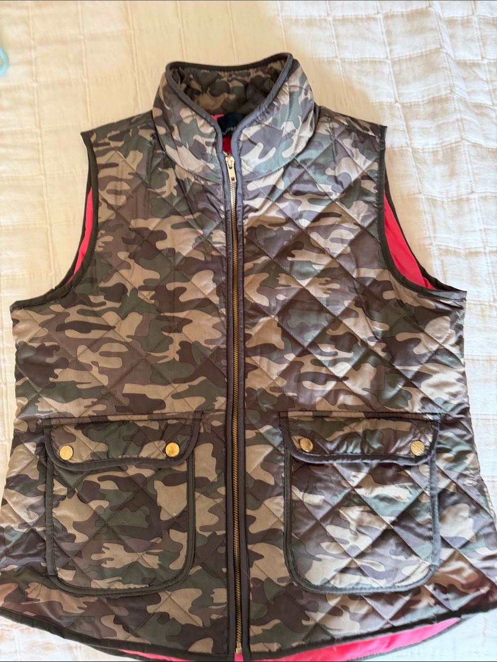 Cynthia Rowley Quilted Camouflage Vest with Pink Lining